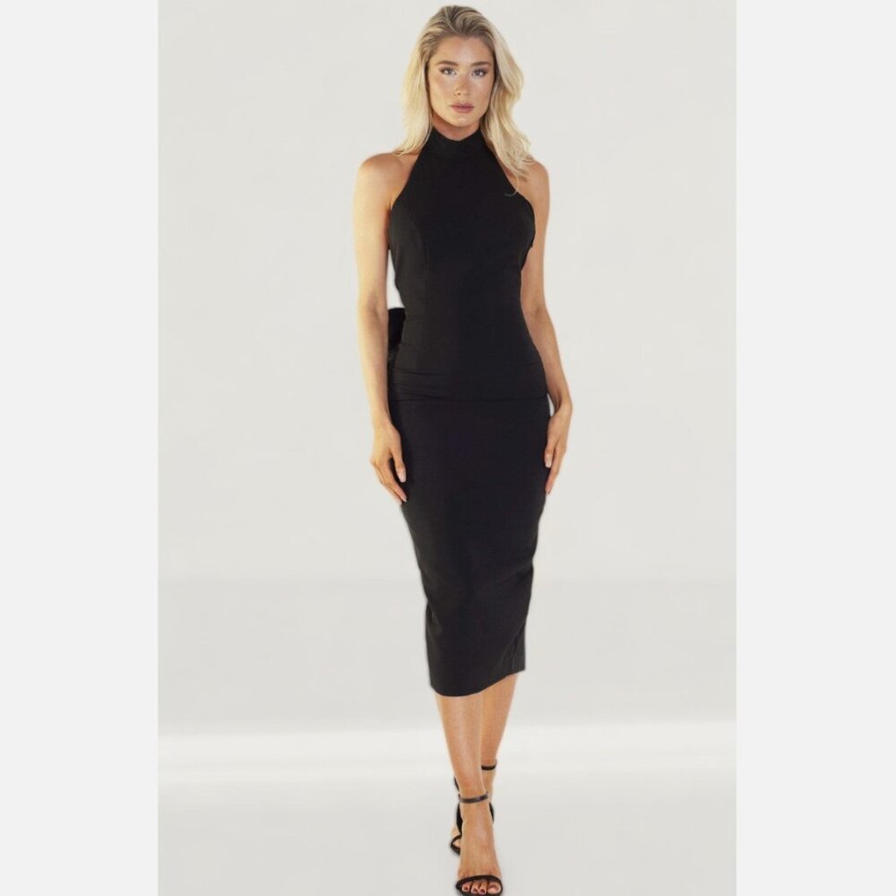 Bardot Jaden Bow Back Dress Halter Backless Midi Black Womens US 6 S